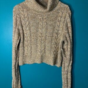 Anthropologie Shimmering Gold Cable Knit Turtleneck Sweater